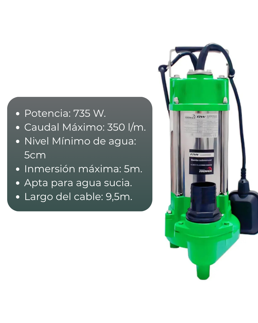 Drain 800 Plus Rowa 1 Hp Bomba Sumergible Para Aguas Residuales - Imagen 4